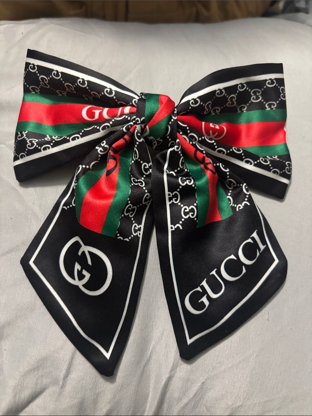 Gucci Black Bow Hair Scarf with Red & Green Stripes